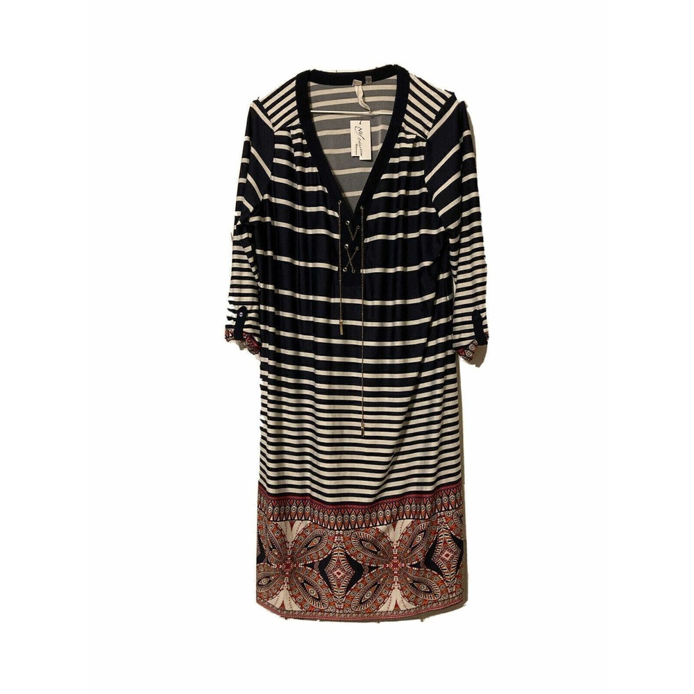 NY Collection Blue Striped Floral Chain Lace Up Neckline Dress 3/4 Sleeve Jersey